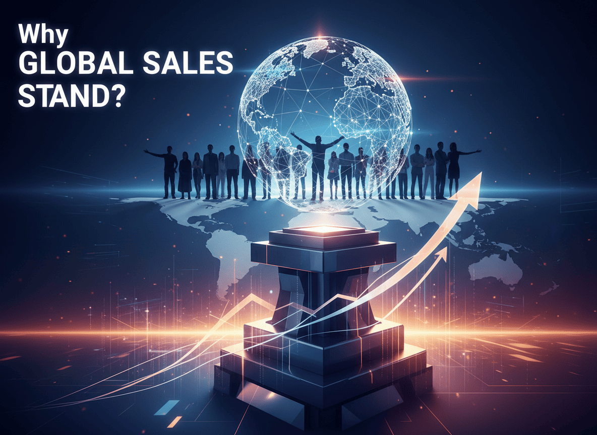 Firefly_Gemini Flash_ウェブサイトのサービス紹介ページで使用するカットを作成して。テキストは「Why GLOBAL SALES STAND-」のみ。メッセージ性のあるビジュアルに 552428 (1)