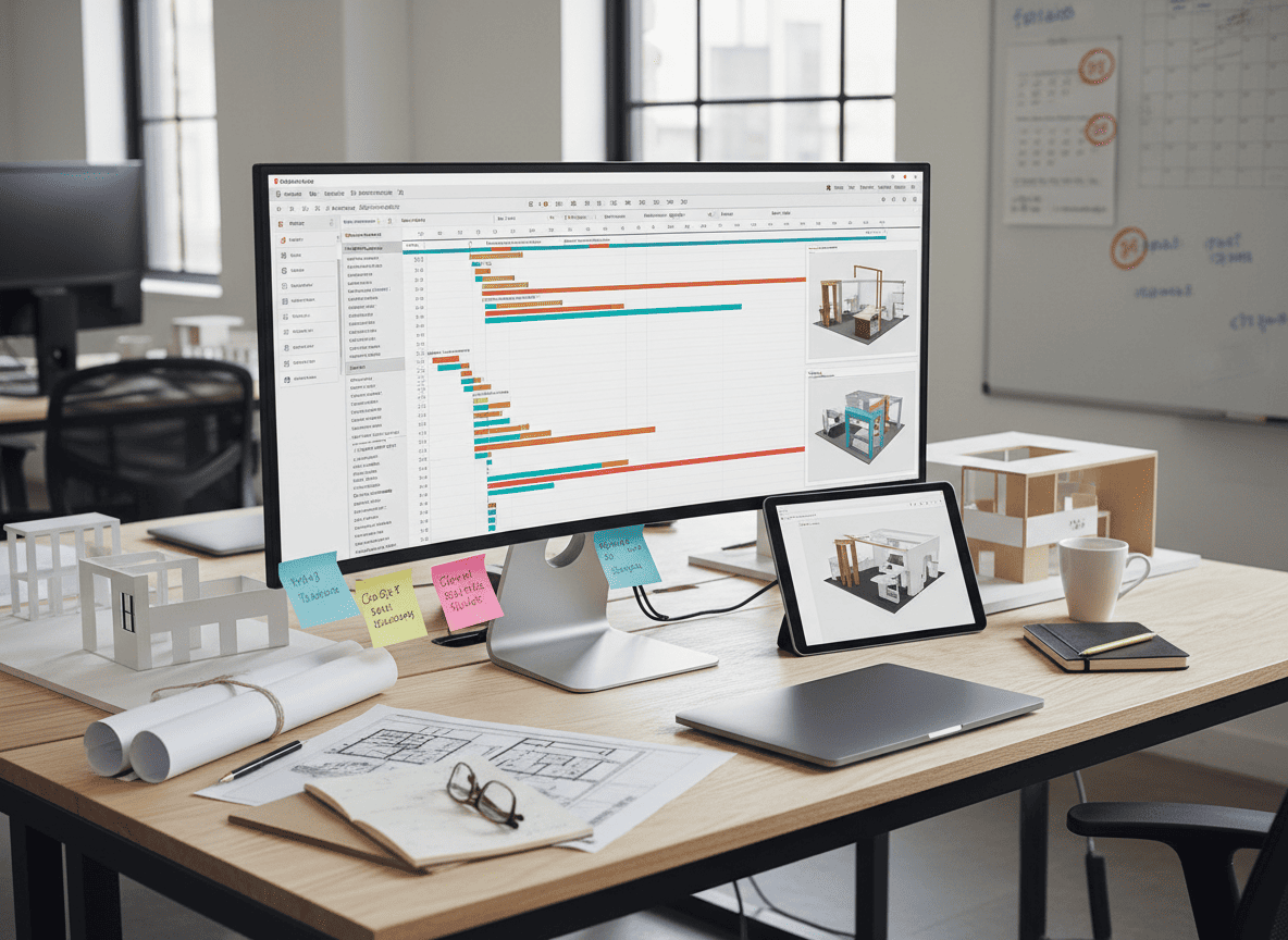 Firefly_Gemini Flash_ウェブサイトのサービス紹介ページで使用するカットを作成して。テキスト不要。プロジェクトマネジメント。人物は不要。もっとブース設計の工程管理をしてい