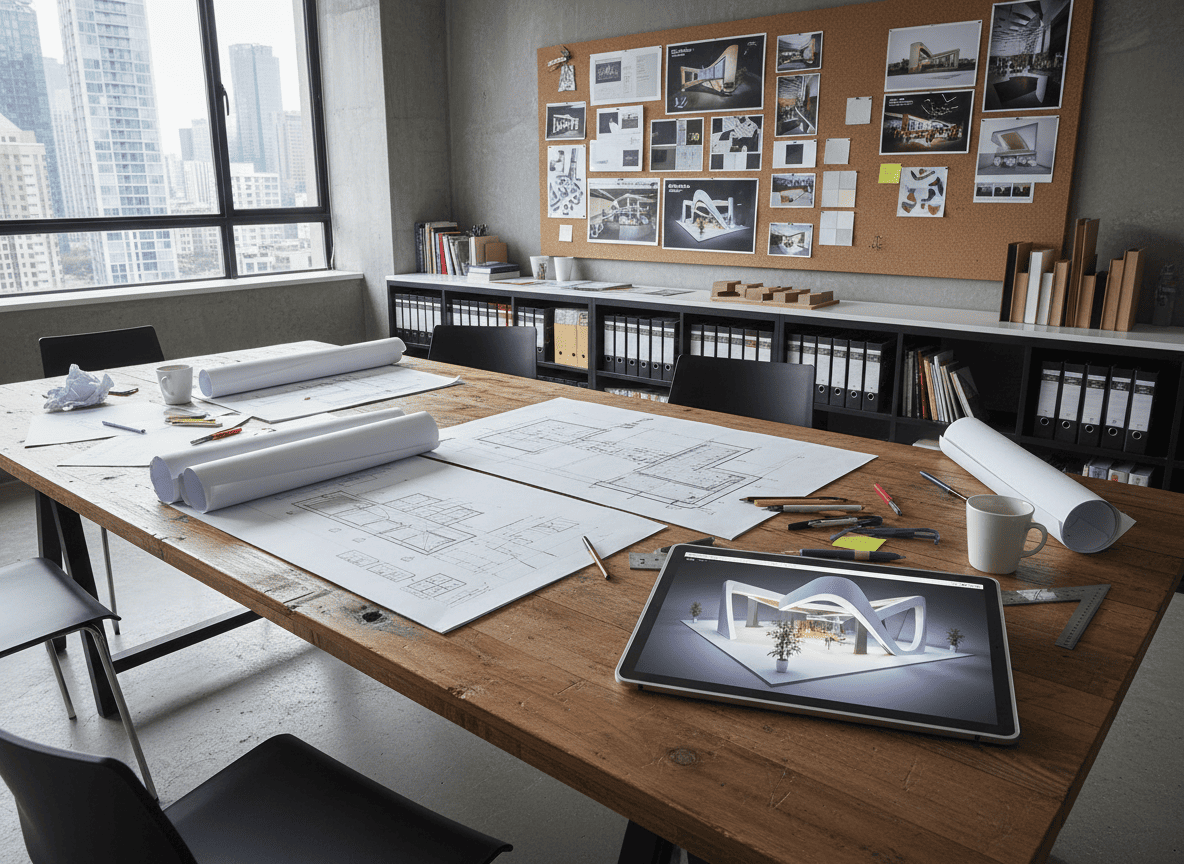 Firefly_Gemini Flash_ウェブサイトのサービス紹介ページで使用するカットを作成して。展示会の企画・設計。ブースのパースイメージやテーブルに図面を書いて企画する様子。人物は
