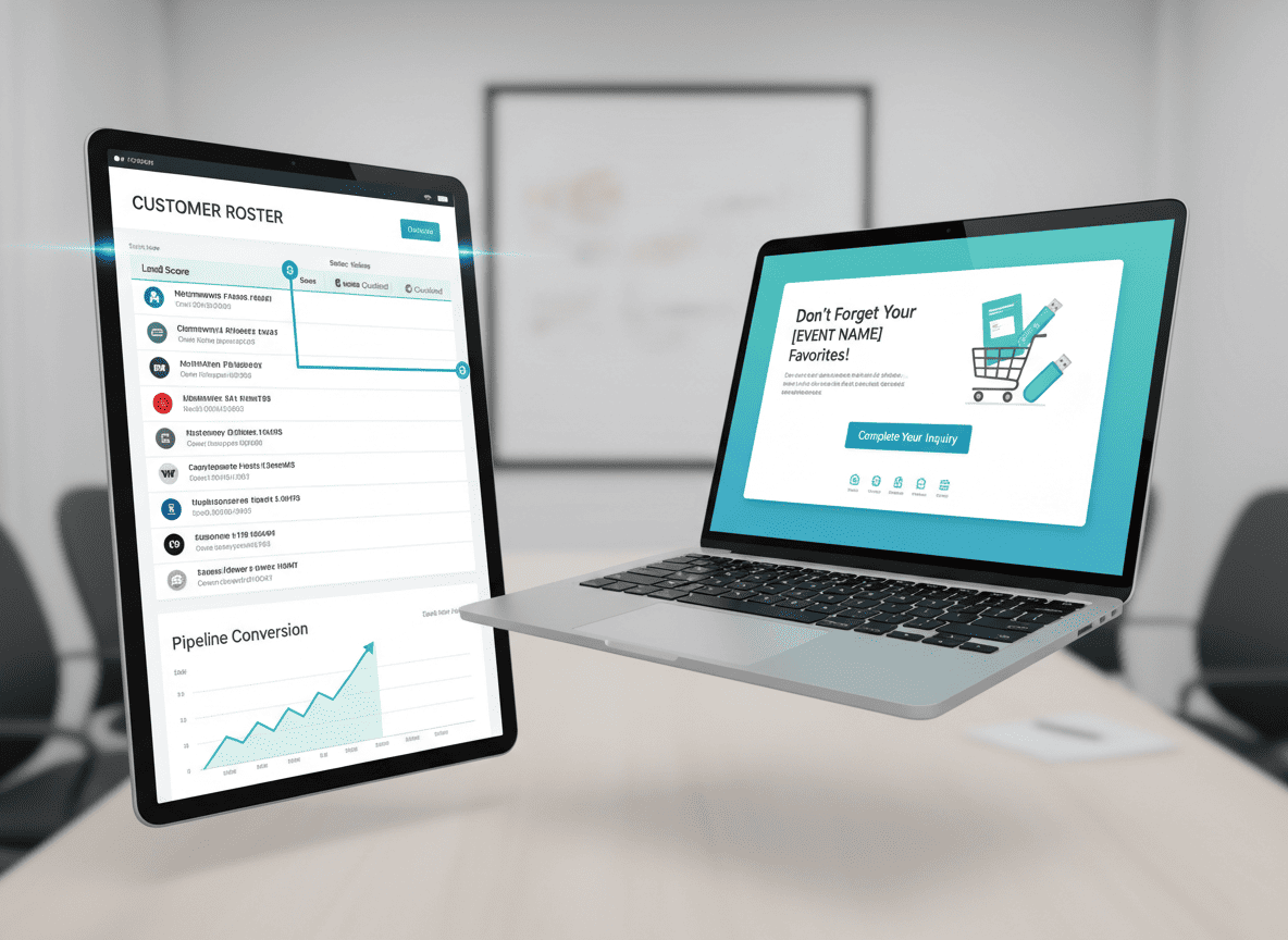 Firefly_Gemini Flash_ウェブサイトのサービス紹介ページで使用するカットを作成して。展示会リード獲得後の商談化・CRM運用。テキスト不要。顧客名簿とカゴ落ちメールのイメージ 55