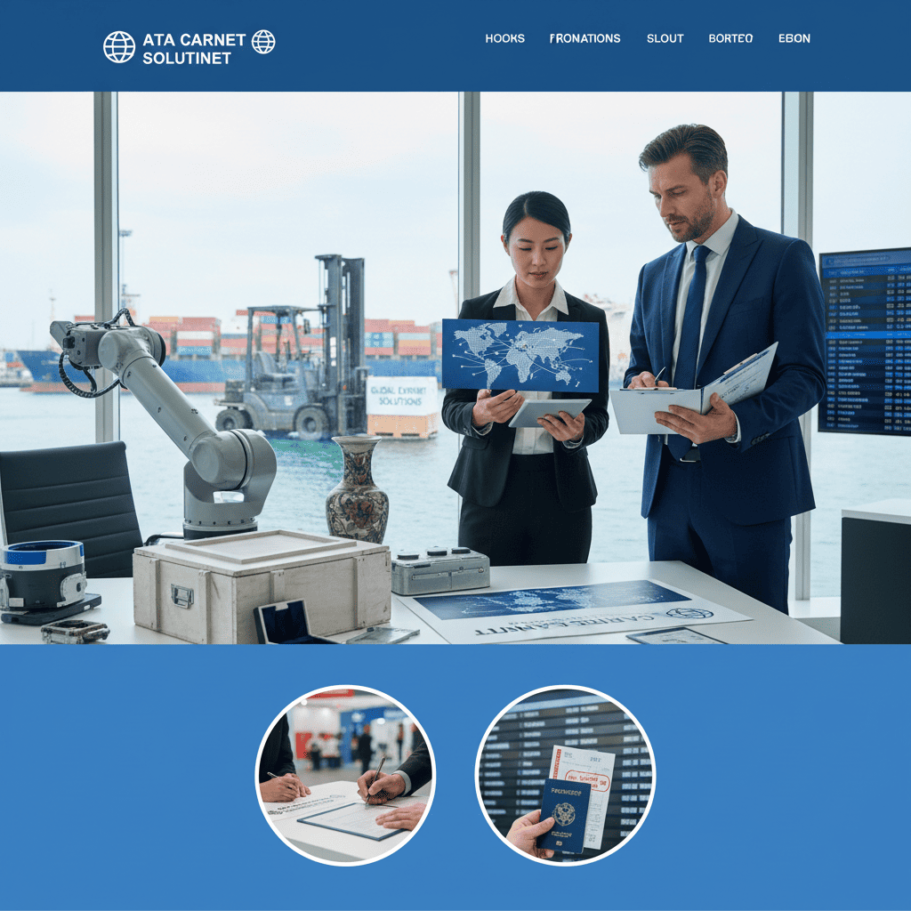 Firefly_Gemini Flash_ウェブサイトのサービス紹介ページで使用するカットを作成して。展示品の貿易代行。カルネ申請 552428 (1)